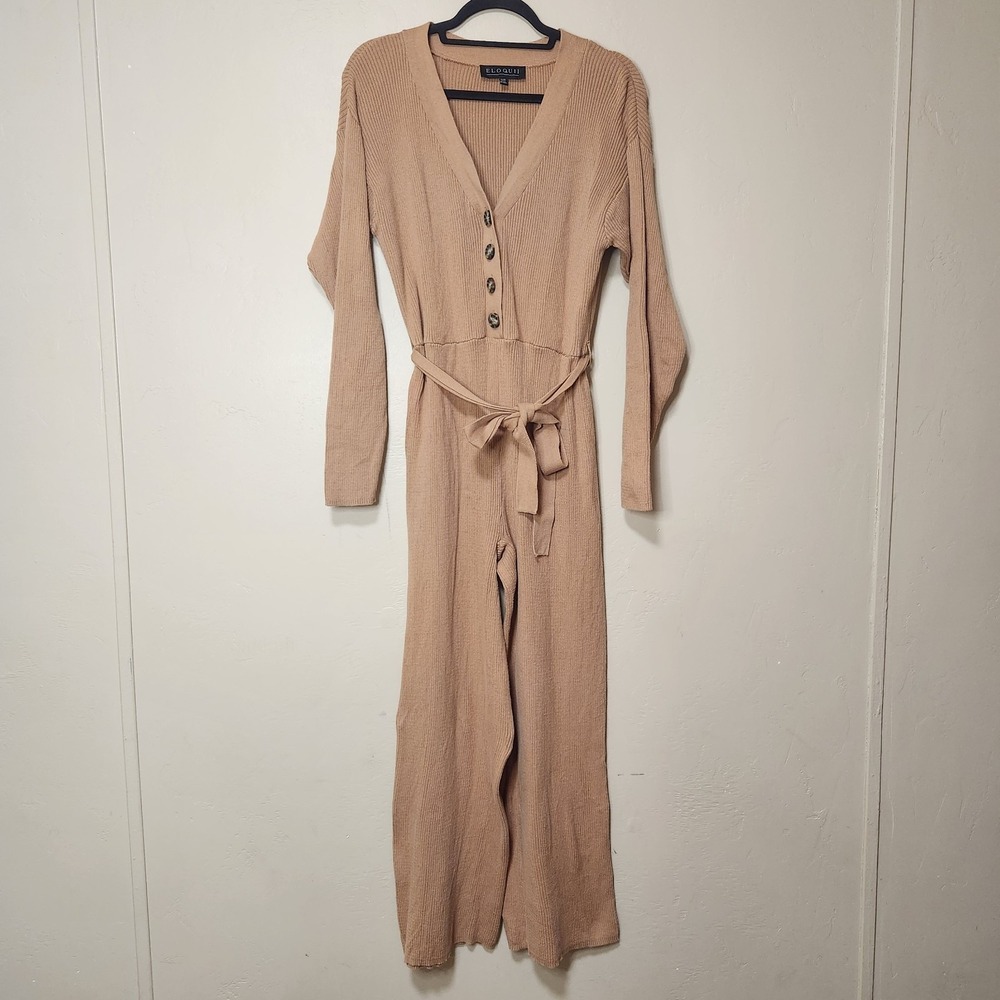 Ribbed Knit Long Sleeve Belted Jumpsuit - Beige
